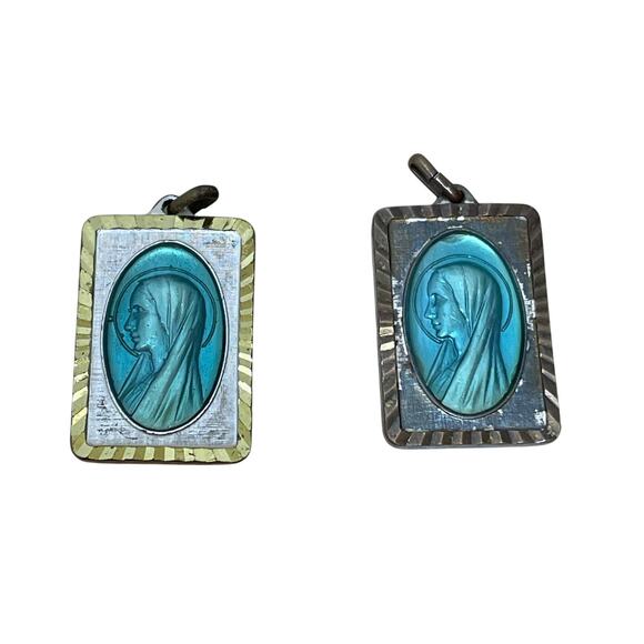 Roma Jewelry - Vintage Lot of 2 Stamped Roma Lady of Lourdes Virgin Mary Blue Necklace Pendants